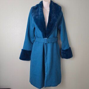 Francesca's Audrey Parks Teal Faux Fur Lined Belted Long Coat